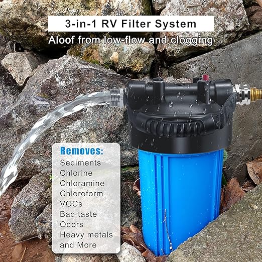 RV Water Filter System, Anti-Clog Inline Water Filter for 25K Gallons with One-Piece 5-Stage Filtration, Removes Sediments, Chlorine, VOCs, Heavy Metals, Bad Taste, Odor, and More
