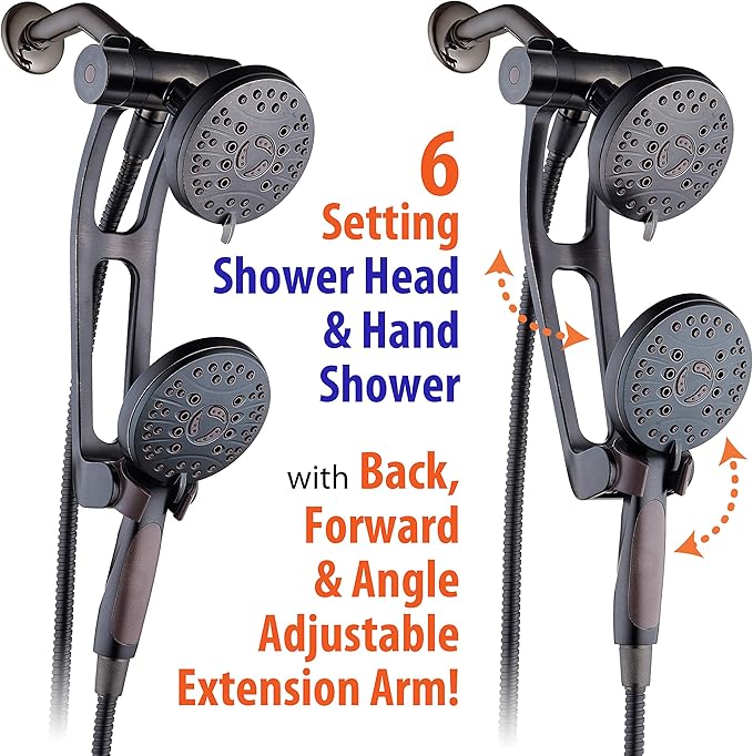 High Pressure 48-mode Luxury 3-way Combo with Adjustable Extension Arm – Dual Rain & Handheld Shower Head – Extra Long 6 Foot Stainless Steel Hose – All Oil Rubbed Bronze Finish – Top US Brand