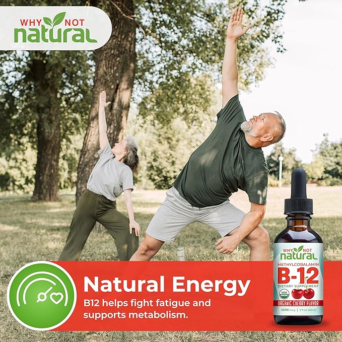 Why Not Natural Organic Vitamin B12 Liquid - Sublingual Extra Strength 60 x 5000 mcg Methylcobalamin Drops, Vegan, Maximize Absorption and Energy