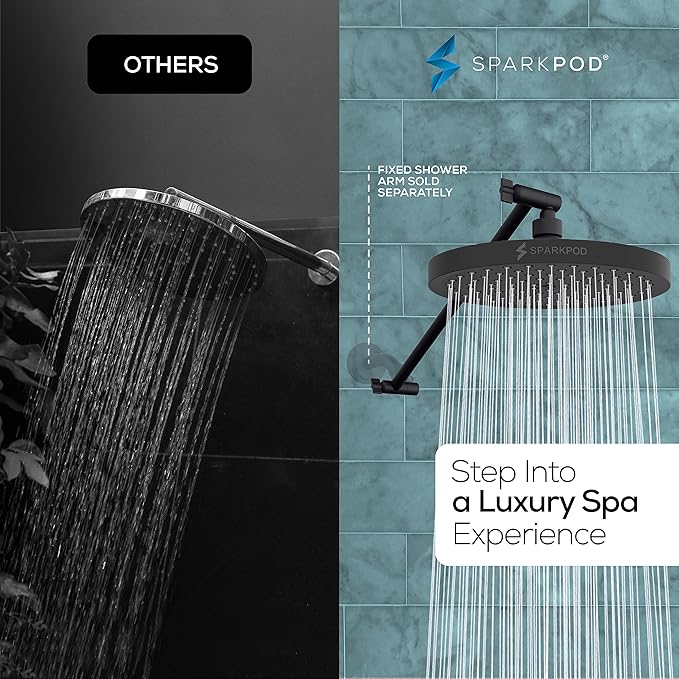 SparkPod Round Rain Shower Head with Extension Arm - Height Adjustable Shower Head with High Pressure Performance - Easy 1-Minute Installation (16" Arm Extension, Midnight Black Matte)