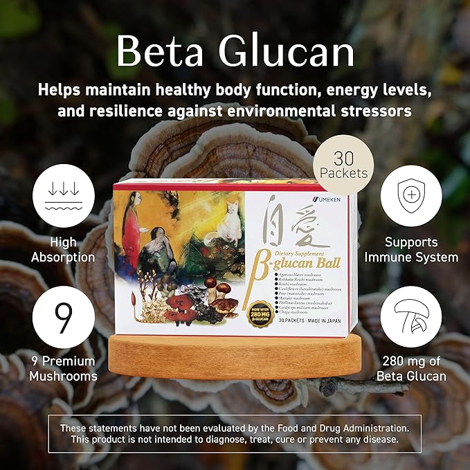 Umeken Beta Glucan, Immune Boost, Mushroom Extract, Dietary Supplement, Blend of 9 Premium Mushroom Extract Packets, Easy to Take Beta Glucan Supplements, 1 Month Supply, 30 Count Box, Pack of 1