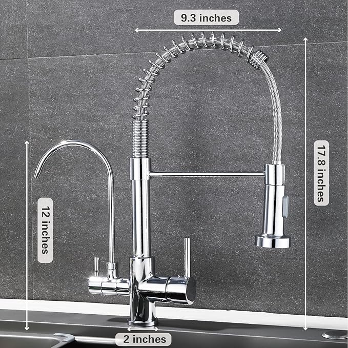HUAHUALALA 3 in 1 Kitchen Sink Faucet 2 Handle with Spring Sprayer, Kitchen Faucet with Filter, Brass Drinking Water Faucets Reverse Osmosis Chrome
