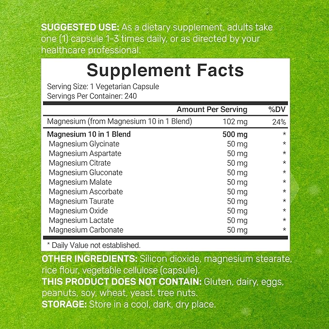 Magnesium Complex 500mg, 240 Veggie Capsules | 10-in-1 Glycinate, Citrate, Malate, & More | 100% Chelated for Easy Absorption | Essential Mineral Supplement for Muscle, Sleep, & Heart Health