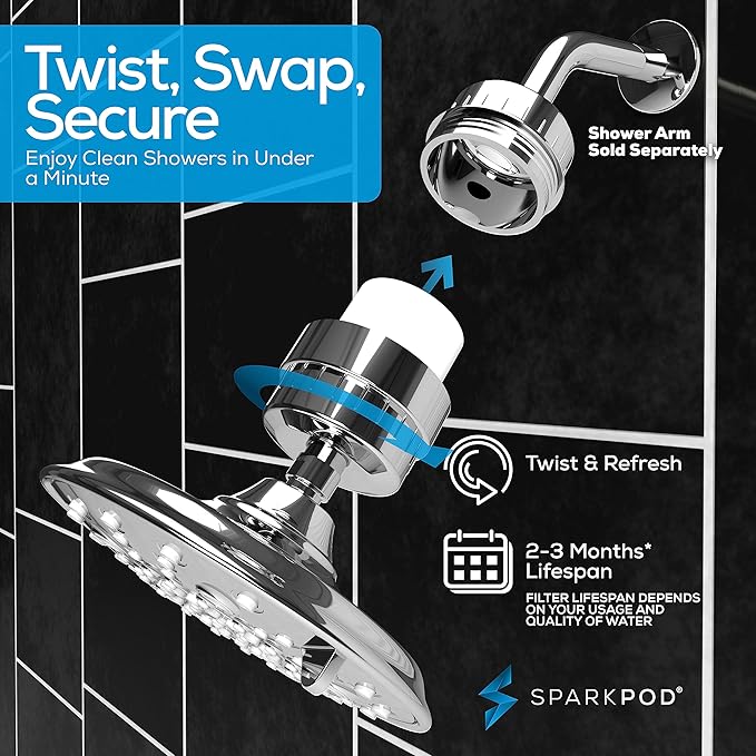SparkPod Luxury Filtered Shower Head Set 23 Stage Shower Filter - Reduces Chlorine and Heavy Metals - High Pressure Showerhead Filter (8" Round, Luxury Polished Chrome)