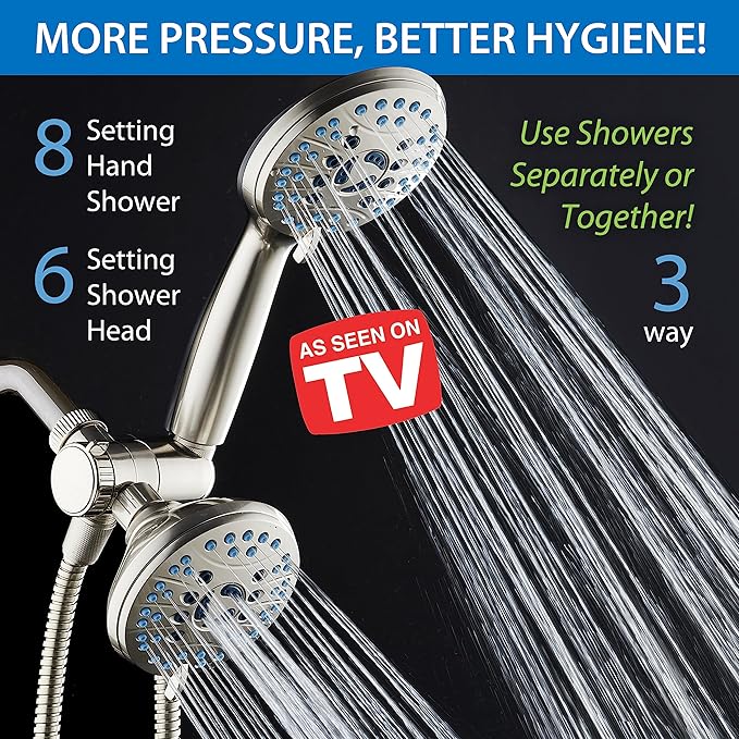 Hotel Spa AquaCare As-Seen-On-TV High Pressure 48-setting Rain & Handheld 3-way Shower Head Combo - Anti-clog Nozzles/Tub, Tile & Pet Power Wash/Extra Long 6 ft. Hose/All Chrome Finish