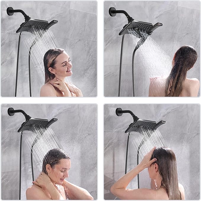 BRIGHT SHOWERS High Pressure Dual Shower Head Combo, Oil Rubbed Bronze Rainfall Showerhead with Detachable Handheld, 60" Stainless Steel Hose, Four Spray Settings