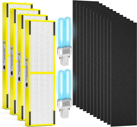 4 Pack FLT4825 HEPA Replacement Filter B ＆ LB4000 Bulb for Guardian AC4825, AC4300, AC4850, AC4800, AC4820, AC4900 Air Cleaner Purifier, 4 HEPA Filters +12 Carbon Filters+ 2 lb4000 uv Bulb