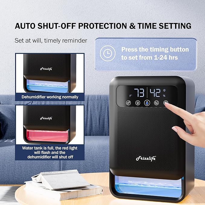 Frizzlife Air Dehumidifier, 135oz Water Tank W/Purifying Function, Quiet Small Dehumidifiers With Sleep Mode For Home, Bedroom, Bathroom, Basement W/Auto Shut Off, 7 Colors LED Light, Black