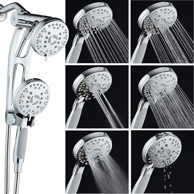 High Pressure 48-mode Luxury 3-way Combo with Adjustable Extension Arm – Dual Rain & Handheld Shower Head – Extra Long 6 Foot Stainless Steel Hose – All Chrome Finish – Top US Brand