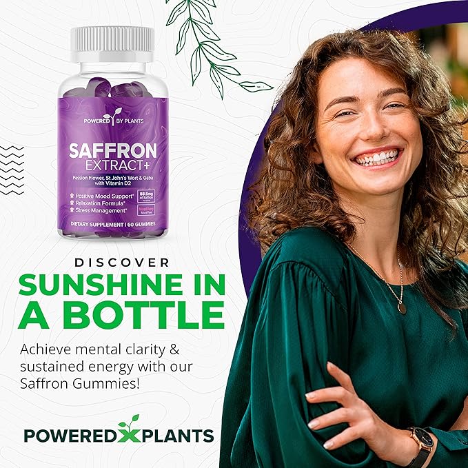Saffron Extract Gummies with Passionflower & Vitamin D2 - Saffron Supplements for Mood Support, Digestion, & Energy 60 Servings