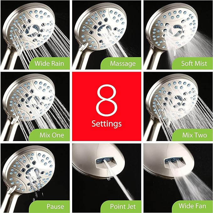 Hotel Spa AquaCare for California As-Seen-On-TV High Pressure Handheld Rain 50-mode 3-way Shower Head Combo with Adjustable Arm, Anti-clog Jets, Tub & Pet Power Wash, 6 ft. Hose, Nickel Finish