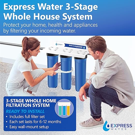 Whole House Water Filter System| IRON & MANGANESE | 3 Stage Water Purifier Whole Home, Top-Tier Iron & Mang. Filter Targets Stains/Color on Glass-Ware, Fixtures, Laundry, Signf. Reduces Lead & Arsenic