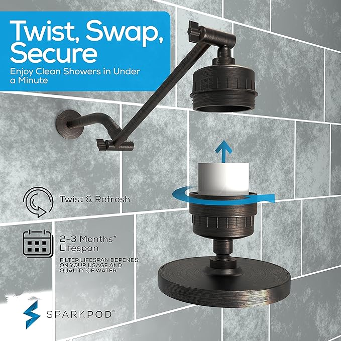 SparkPod 6" High Pressure Rain Shower Head with 23 Stage Filter Capsule & 11 Inch Adjustable Shower Arm Extension - Shower Filter Reduces Chlorine for Smoother Hair & Skin (Round, Oil-Rubbed Bronze)
