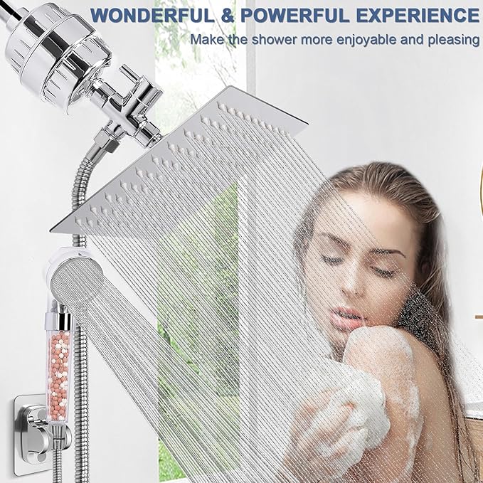 HarJue Filter Shower Head, High Pressure 8 Inch Rainfull with Filter Combo for Hard Water, Remove Chlorine Fluoride and Harmful Substances- 1 Replaceable Filter Cartridge (Square, Chrome)