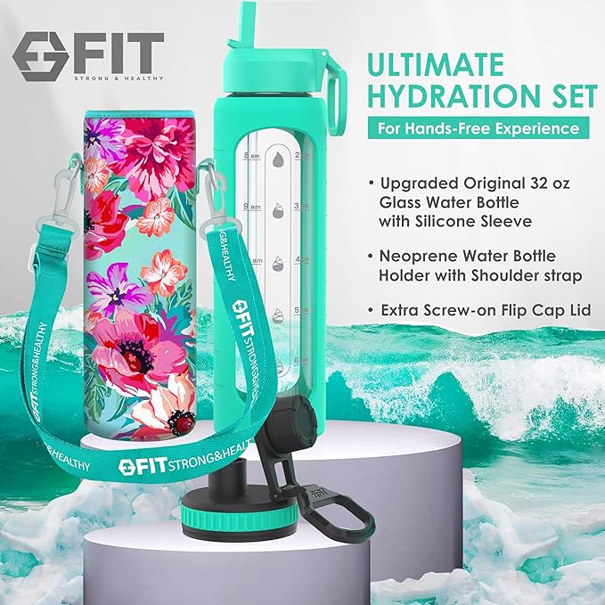 FIT Strong & Healthy 32 oz Glass Water Bottle with Straw Lid, Time Marker, Sleeve & Extra Lid - Motivational, Wide Mouth 1 Liter Glass Drinking Bottle