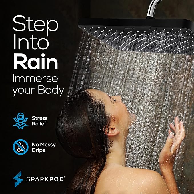 SparkPod 12 Inch Black Rain Shower Head - Ceiling or Wall Mount Rainfall Shower Head - Large Coverage Showerhead - Brass Ball Joint with 360° Adjustment - 1-Min Install (Midnight Black Matte)
