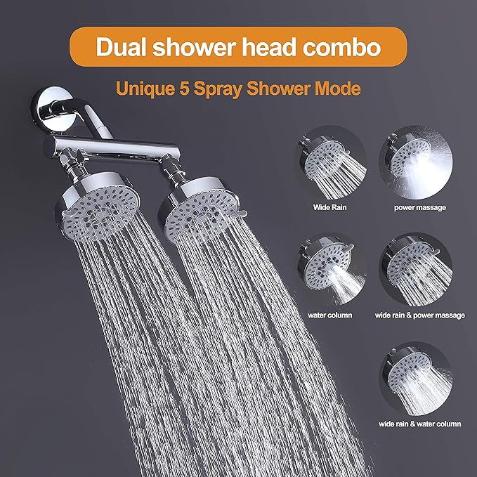 AZOS Double Shower Head with Shut-Off Valve, Bathathroom High Pressure Dual Fixed Rain Shower Head Combo with Brass Dual Outlet Manifold, Adjustable 5 Function Showerhead Chrome