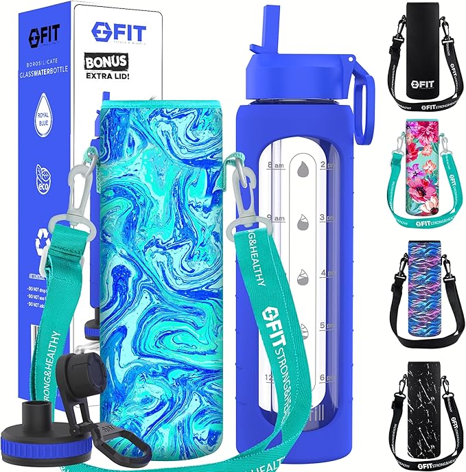 FIT Strong & Healthy 32 oz Glass Water Bottle with Straw Lid, Time Marker, Sleeve & Extra Lid - Motivational, Wide Mouth 1 Liter Glass Drinking Bottle