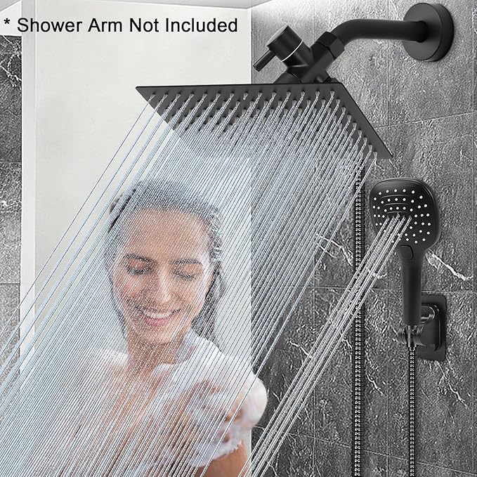 NearMoon Shower Head with Hose, High Pressure Stainless Steel Rain Shower and 3 Settings Handheld Spray Combo with Push Button Flow Control (12 Inch, Matte Black)