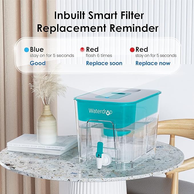 Waterdrop 200-Gallon Long-Life 40-Cup Large Water Filter Dispenser with 1 Filter, Healthy Gift for Home and Office, 5X Times Lifetime, Reduces Chlorine, PFOA/PFOS and More, BPA Free, Turquoise