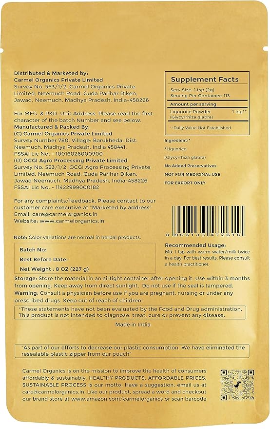 CARMEL ORGANICS Licorice Root Powder - 8 Ounce | Herbal Supplement | Natural Sweetener and Digestive Aid | Non-GMO | No Added Preservatives & Additives