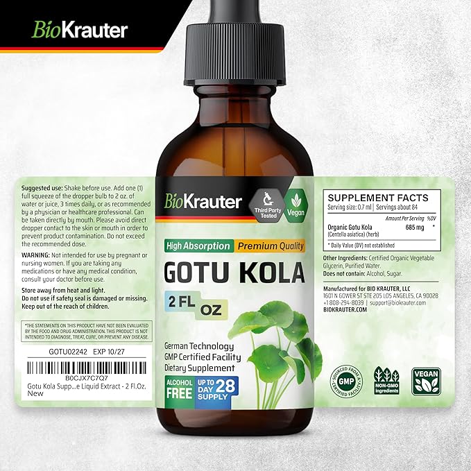 BIO KRAUTER Gotu Kola Tincture - Centella Asiatica Extract - Alcohol and Sugar Free Gotu Kola Extract - Vegan Drops 2 Fl.Oz.
