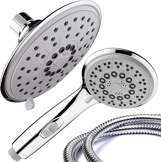 30-Setting 6 Inch Rain Shower Head with Handheld Shower Combo featuring Patented ON/OFF Pause Switch by Hydroluxe - Use Each Showerhead Separately or Both Together! Premium Chrome Finish