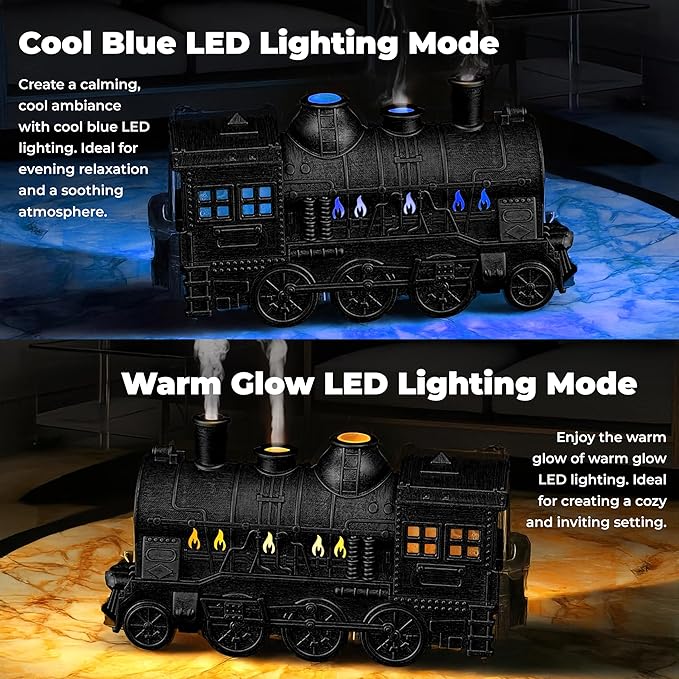 OMEO Black Small Train Aromatherapy Humidifier & Essential Oil Diffuser - Dual Mist, Quiet Ultrasonic, 300ML Tank, Remote Control, LED Light, Air Purifier for Home, Office, and Bedroom Use