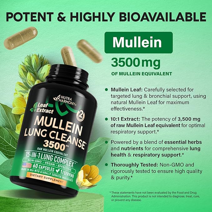 Mullein Leaf Extract for Lung Detox - Marshmallow Root | Echinacea | Oregano | Quercetin | NAC - 15-in-1 Lung Support & Cleanse for Smokers Supplement - Made in USA - As Drops, Tincture - 60 Capsules