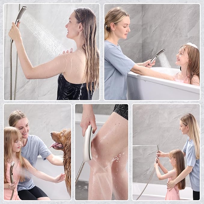 BRIGHT SHOWERS High Pressure Shower Head Combo with Two Spray Setting Fixed Shower Head and Two Spray Settings Handheld Shower Head with Grey Face, Brushed Nickel
