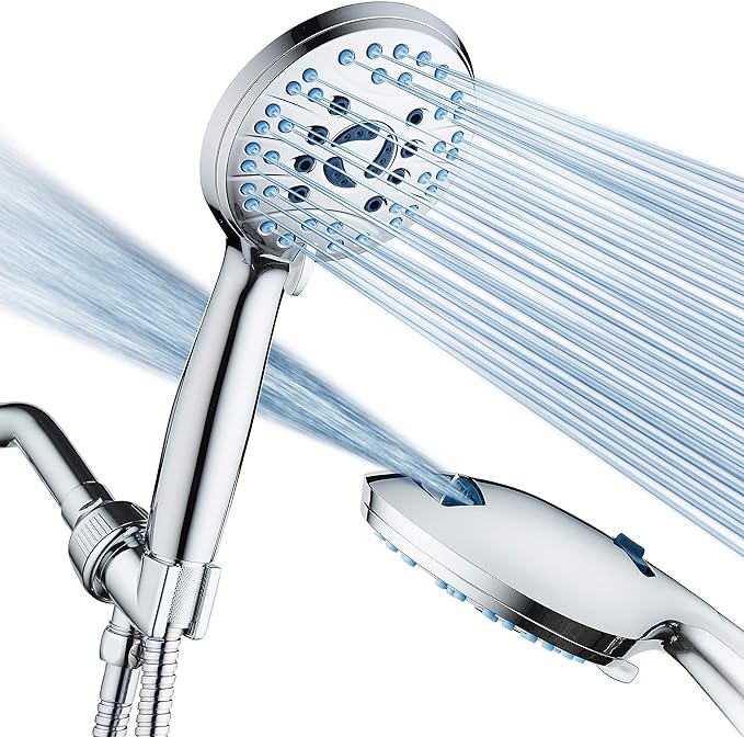 Hotel Spa AquaCare High Pressure 8-Mode Handheld Shower Head - Anti-clog Nozzles, Built-in Power Wash to Clean Tub, Extra Long 6 ft. Stainless Steel Hose, Wall & Overhead Brackets