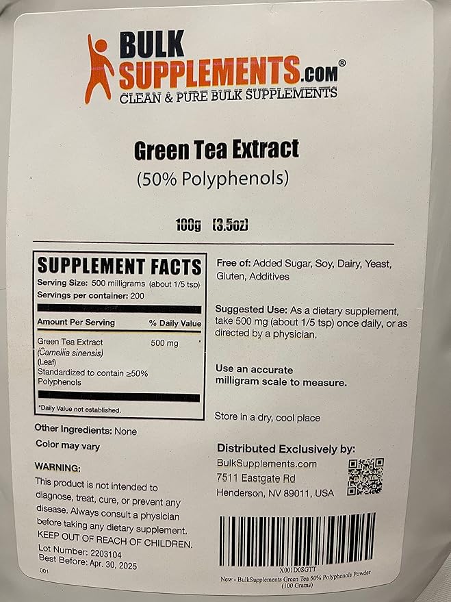 BulkSupplements.comgreen Tea Extract Powder - 50% Polyphenols Supplement, EGCG Supplements - Gluten Free, 500mg per Serving, 100g (3.5 oz) (Pack of 1)