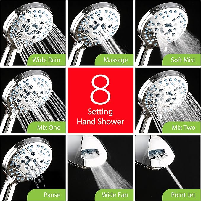 Hotel Spa AquaCare As-Seen-On-TV High Pressure 50-mode Rain & Handheld 3-way Shower Head Combo - Anti-clog Nozzles/Tub, Tile & Pet Power Wash/Extra Long 6 ft. Stainless Steel Hose/All Chrome Finish