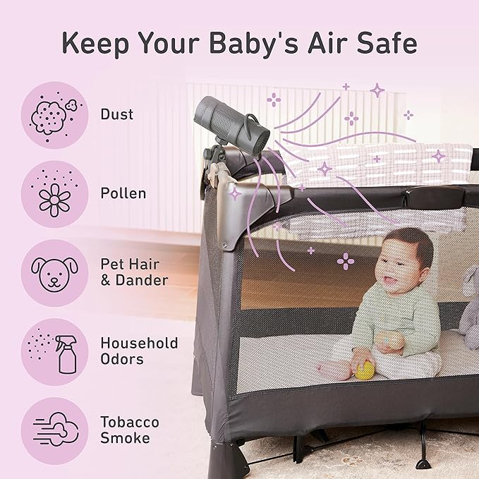 Pure Enrichment PureBaby On-the-Go Air Purifier - Portable Stroller Air Purifier & Adjustable Clamp for Car Seat, Crib, Bassinet & Playpen - True HEPA Filter Removes 99.97% of Allergens Around Baby