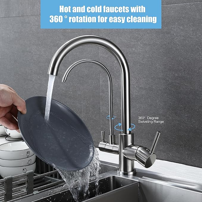 Faucet KF001, Brushed Nickel, Kitchen, Single Hole, Ceramic Plate Valve, 2 Handles, Solid Brass, 3 in 1 Water Filter Purifier