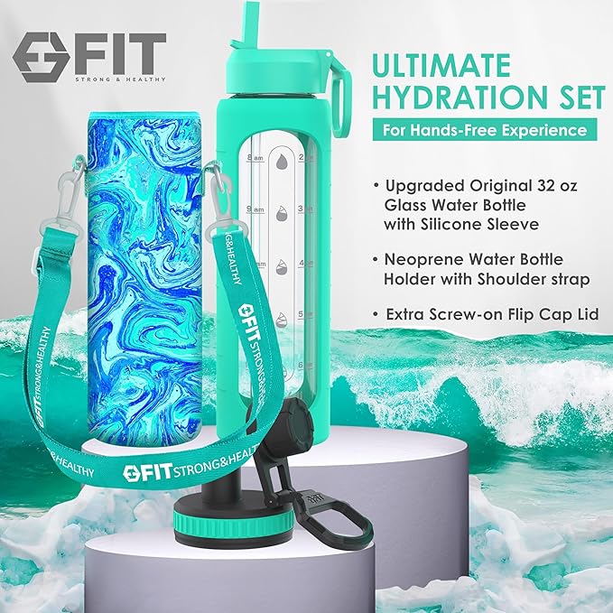 FIT Strong & Healthy 32 oz Glass Water Bottle with Straw Lid, Time Marker, Sleeve & Extra Lid - Motivational, Wide Mouth 1 Liter Glass Drinking Bottle