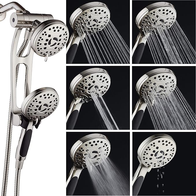 High Pressure 48-mode Luxury 3-way Combo with Adjustable Extension Arm – Dual Rain & Handheld Shower Head – Extra Long 6 Foot Stainless Steel Hose – All Brushed Nickel Finish – Top US Brand