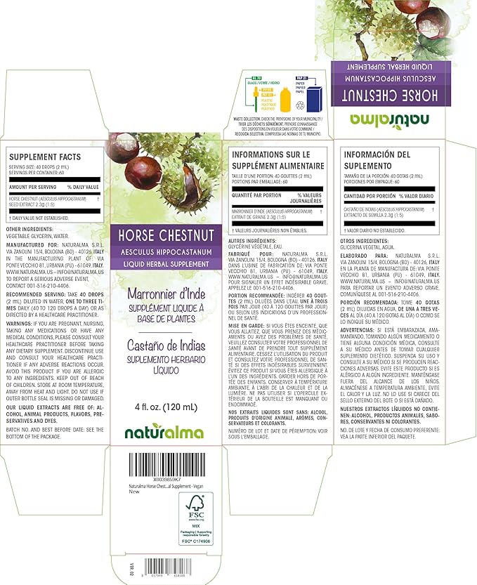 Naturalma Horse Chestnut (Aesculus hippocastanum) Seed Alcohol-Free Tincture - 4 fl oz Liquid Extract in Drops - Herbal Supplement - Vegan