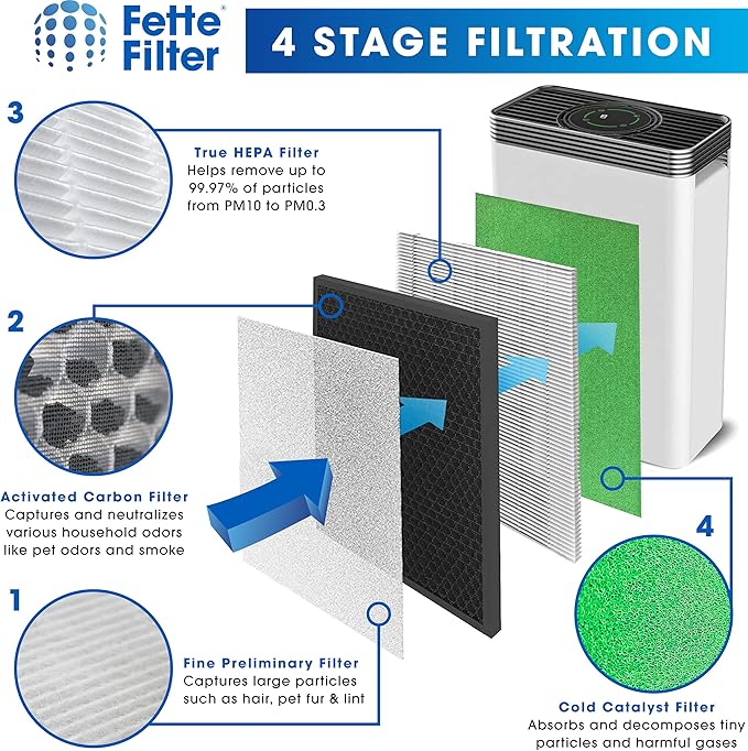 Fette Filter - 4-in-1 High-Efficiency Replacement Filters (pack of 2) Compatible with PURO²XYGEN Air Purifier P500 with True HEPA Filter, Activated Carbon Filter - Pack of 2