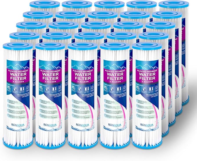 Pleated Sediment Water Filter Cartridge 9.87”x 2.5” Amplified Surface Area, Removes Sand, Dirt, Rust, Extended Filter Life WELL-MATCHED with WHKF-WHPL, 801-50, WB-50W, WFPFC3002, SPC-25-1050 (25 Pack)