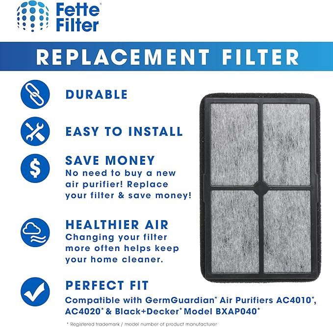 Fette Filter - FLT4010 Replacement Filter Compatible with GermGuardian Filter A for Models AC4010 & AC4020 Series and Black + Decker Model BXAP040 Air Purifiers - Pack of 2