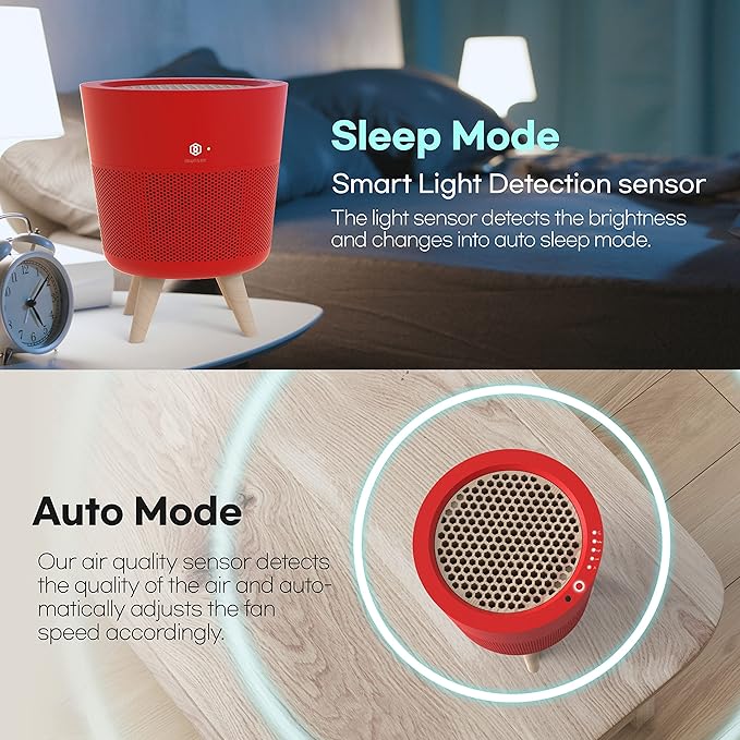 M-002R HEPA Air Purifier with H13 True HEPA Filter, Cypress Wood Filter, Auto Sleep Mode, Filters 99.97% Pollen, Smoke, Perfect for Office and Bedroom, Made in Korea - Red