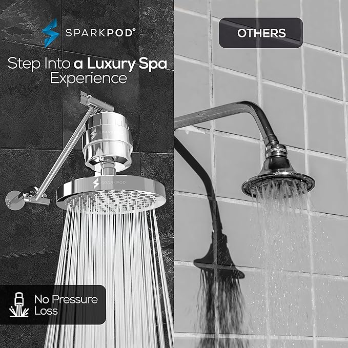SparkPod 6" High Pressure Rain Shower Head with 23 Stage Filter Capsule & 11 Inch Adjustable Shower Arm Extension - Shower Filter Reduces Chlorine for Smoother Hair & Skin (Round, Polished Chrome)