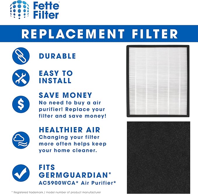Fette Filter - Replacement Filter J Compatible with GermGuardian FLT5900 for AC5900WCA & AC5900WDLX Air Purifier includes 2 Filters 4 Activated Charcoal Filter.