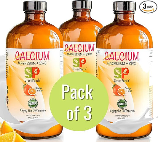 GreenPeach Liquid Calcium for Kids - Magnesium, D3 & Zinc Supplement - Calcium Citrate & Vitamin D3 Kids Calming Syrup - No Sugar No Artificial Flavors - Vegetarian Kosher (3-Pack)