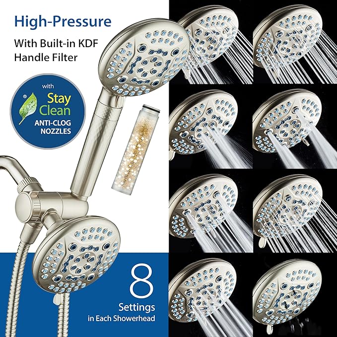 AquaCare High Pressure 6-way Dual Shower Head Combo with Built-in Filter & Power Wash - Clean Tub, Tile & Pets. Remove Chlorine, Lead & Toxins from Water to Protect Skin, Hair, & Nails. Nickel Finish