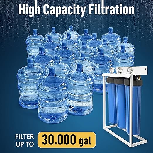 3 Stage High Capacity 20” Blue Whole House Water Filter System, Freestanding Steel Frame, Sediment, GAC+KDF & Carbon Cartridges, Presser Relief Button, 1” Brass Port, Pressure Gauges, Double O-Ring