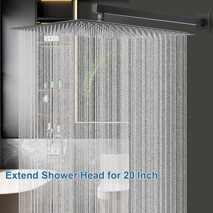 HarJue Shower Head with Extension Arm, High Pressure Square with ShowerArm, Stainless Steel Rainfall-Waterfall Full Body Coverage (16'' Shower with 20'' Arm, Matte Black)