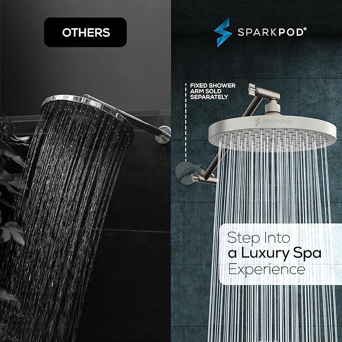 SparkPod Round Rain Shower Head with Shower Head Extension Arm - High Pressure Rain - Luxury Modern Look - No Hassle Tool-less 1-Min Installation (11" Shower Arm Extension, Elegant Brushed Nickel)