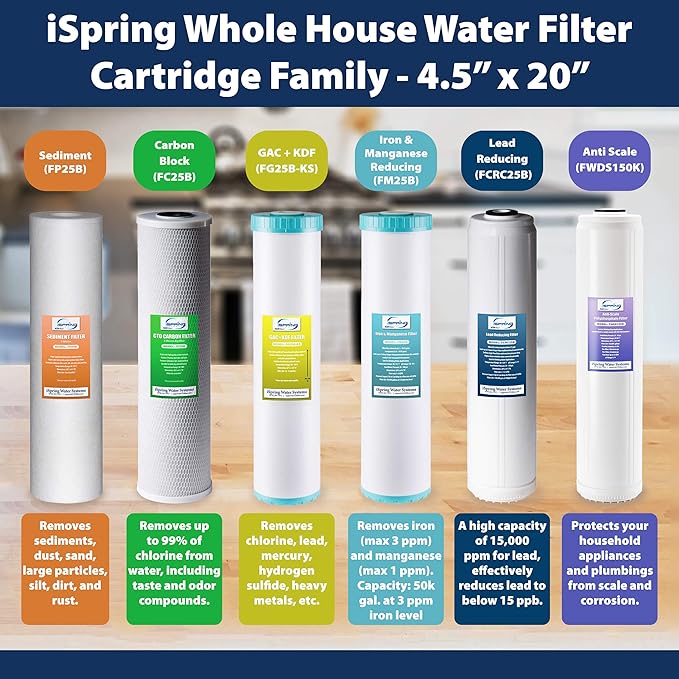 iSpring F4WGB22BM 4.5” x 20” 2-Stage Whole House Water Filter Set Replacement Pack with CTO Carbon Block and Iron & Manganese Reducing Cartridges, Fits WGB22BM, White